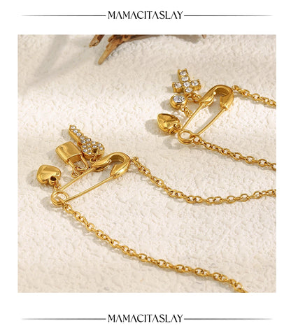 MamacitaSlay 316L Stainless Steel Zircon Paper Clip Key Lock Cross Pendant Necklace Waterproof Jewelry Women's Creative Necklace