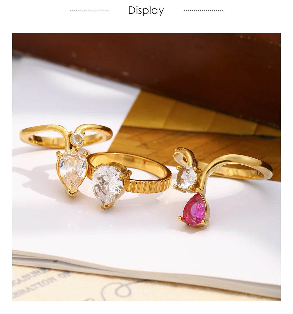MamacitaSlay 316L Stainless Steel Zircon Water Droplet Crown Ring 18K Gold Plated Waterproof Jewelry Women's Elegant Ring Gift