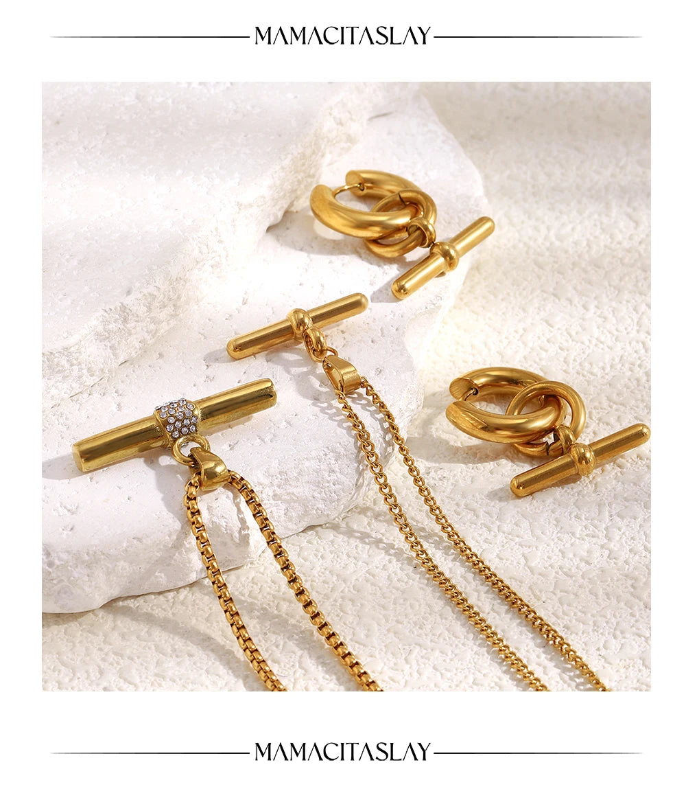 MamacitaSlay 316L Stainless Steel T-Bar Pendant Necklace Earrings Waterproof 18K Gold Plated Jewelry Women's Earrings Necklace