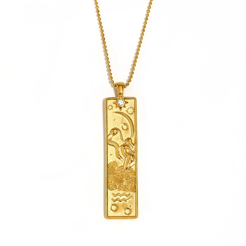 MamacitaSlay 316L Stainless Steel Zodiac Sign Rectangle Pendant Necklace 18K Gold Plated Waterproof Jewelry For Women Daily Wear