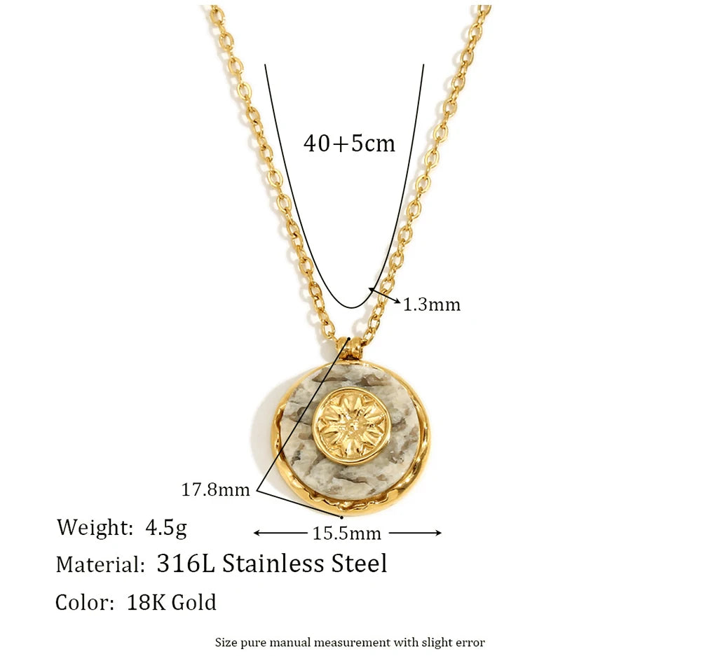 MamacitaSlay 316L Stainless Steel Marble Round Sun Necklace 18K Gold Plated Waterproof Jewelry Women's Minimalist Retro Necklace