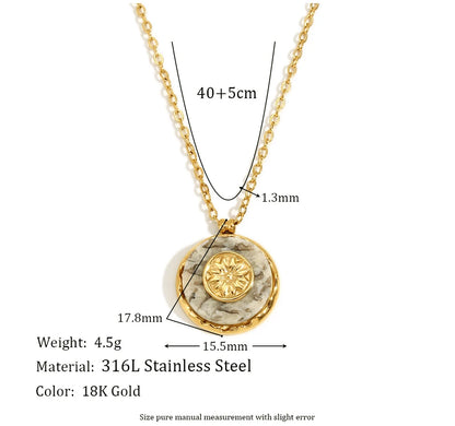 MamacitaSlay 316L Stainless Steel Marble Round Sun Necklace 18K Gold Plated Waterproof Jewelry Women's Minimalist Retro Necklace
