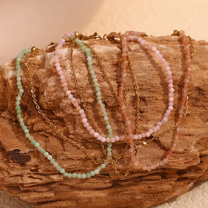 Mamacitaslay 316L Stainless Steel Natural Stone Beaded Thin Chain Bracelet Anklet Waterproof Everyday Jewelry For Women Gift