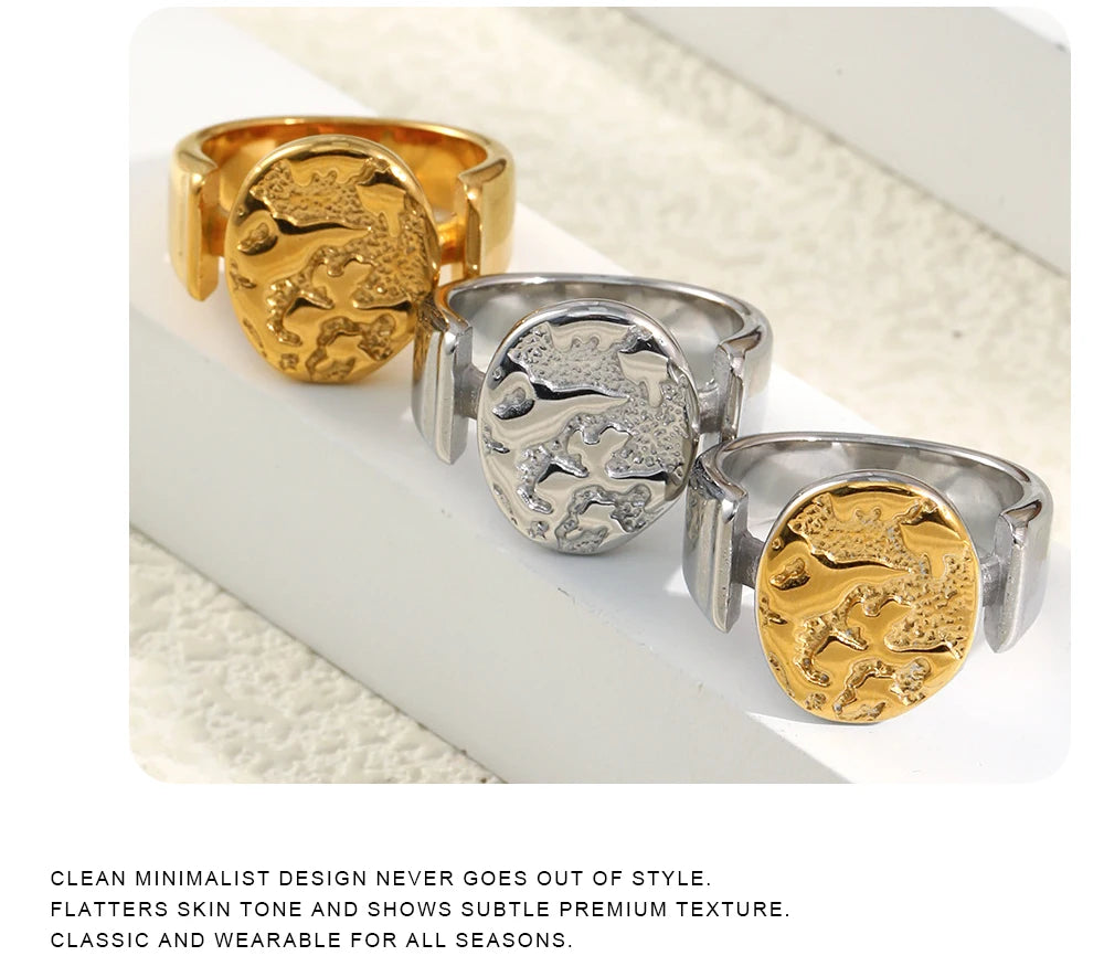 MamacitaSlay 316L Stainless Steel Mixed Color Planet Relief Oval Ring 18K Gold Plated Waterproof Jewelry Women's Unique Ring