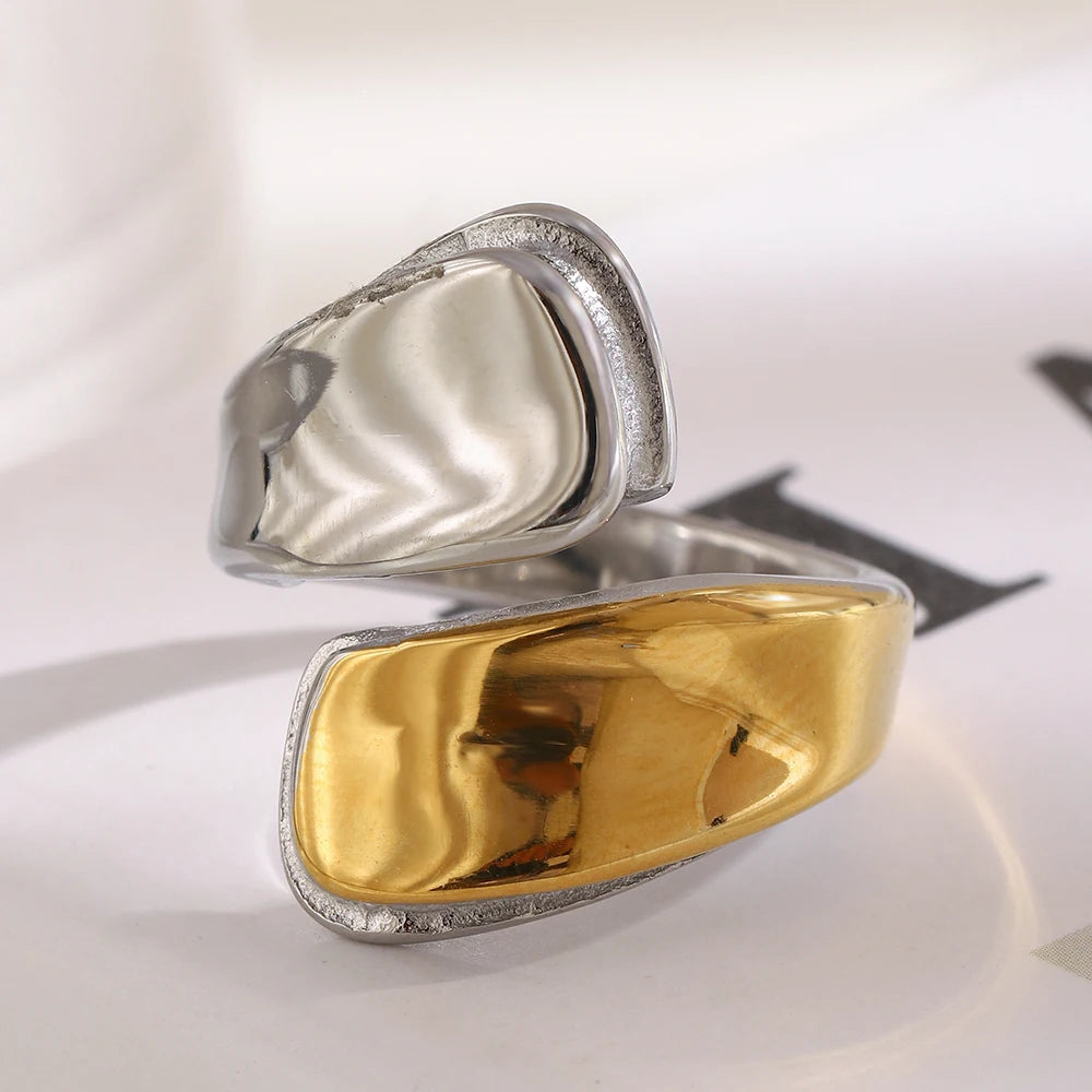 MamacitaSlay 316L Stainless Steel Two Tone Asymmetric Opening Ring Party Waterproof Jewelry Women's Unique Cool Creative Gift