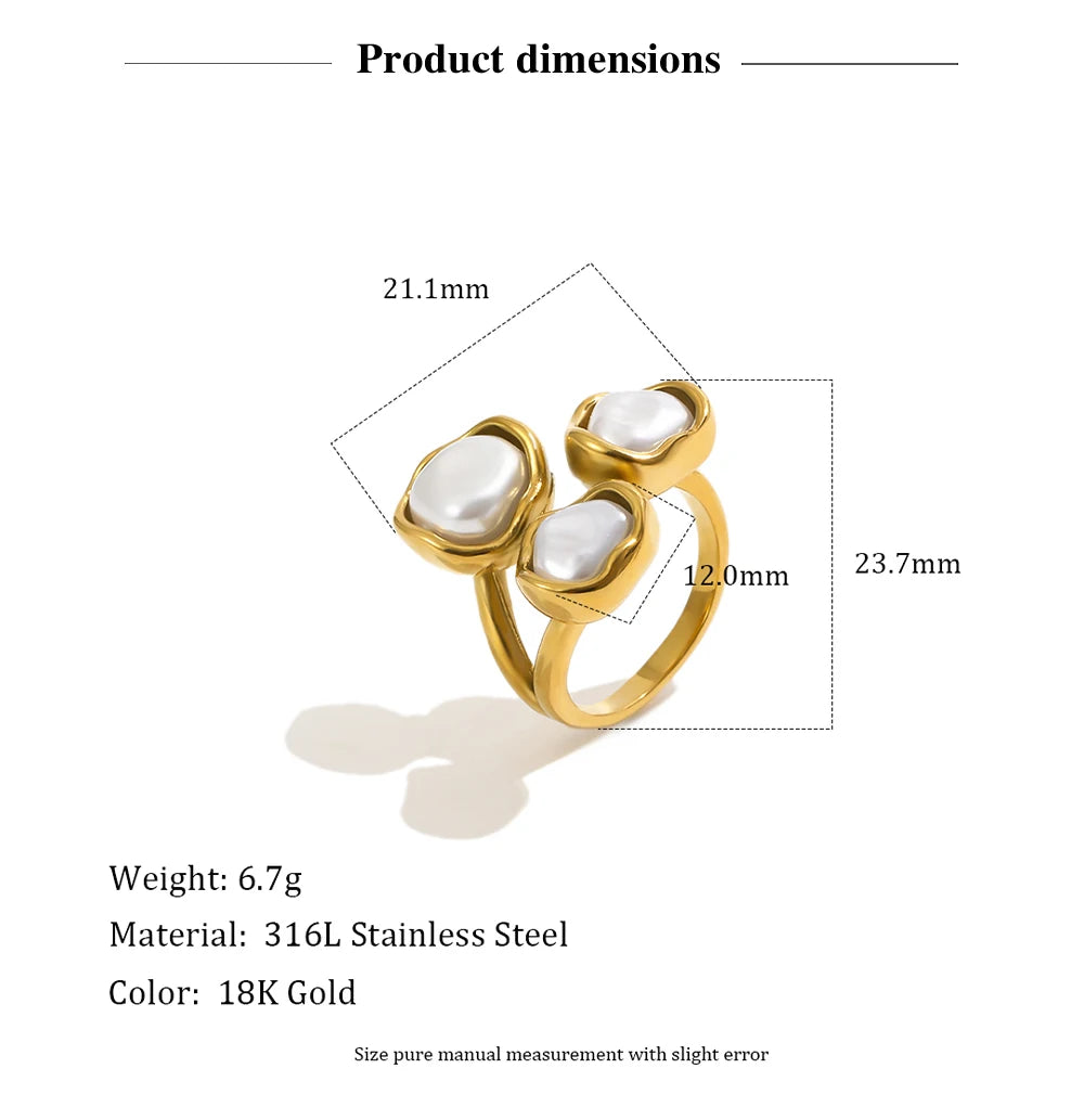 MamacitaSlay 316L Stainless Steel Baroque Pearl Irregular Open Ring 18K Gold Plated Waterproof Jewelry For Women Daily 2026 Gift