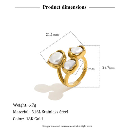 MamacitaSlay 316L Stainless Steel Baroque Pearl Irregular Open Ring 18K Gold Plated Waterproof Jewelry For Women Daily 2026 Gift