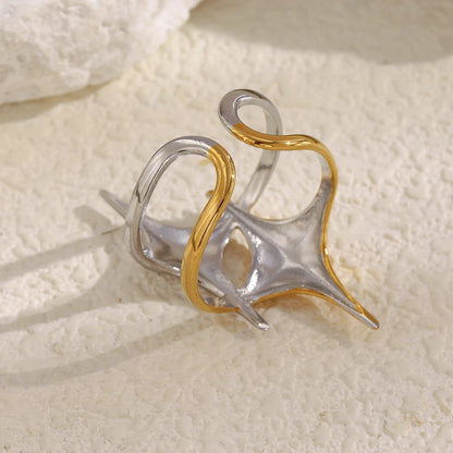 MamacitaSlay 316L Stainless Steel Mixed Color Double Star Open Ring Women's Party Waterproof 18K Gold Plated Ring Unique Ring
