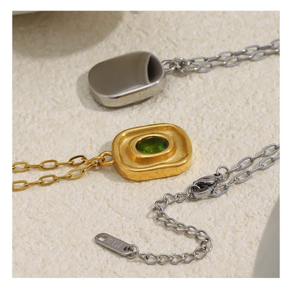 MamacitaSlay Retro Irregular Pendant Round Green Zircon Paper Clip Chain Women's Necklace Trendy Women's Stainless Steel Jewelry