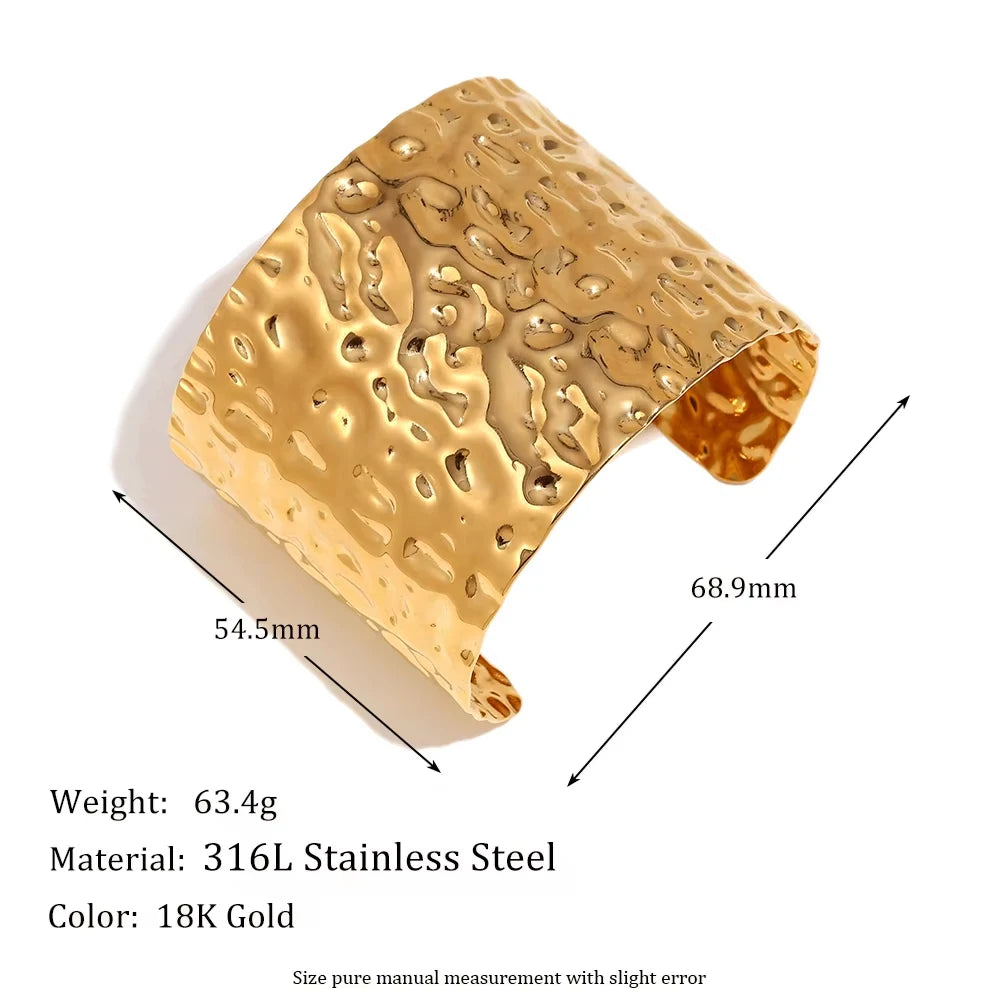 MamacitaSlay 316L Stainless Steel Hammered Wide Open Cuff Bangle 18K Gold Plated Waterproof Jewelry For Women Bracele Party Gift