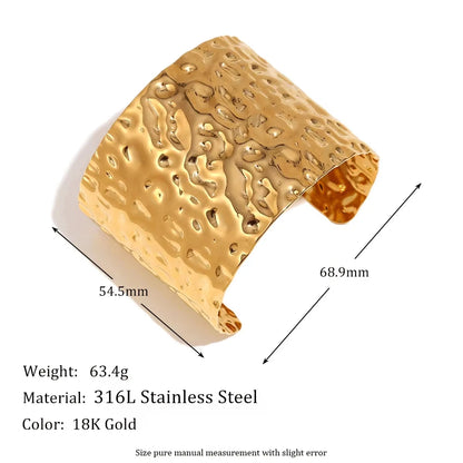 MamacitaSlay 316L Stainless Steel Hammered Wide Open Cuff Bangle 18K Gold Plated Waterproof Jewelry For Women Bracele Party Gift
