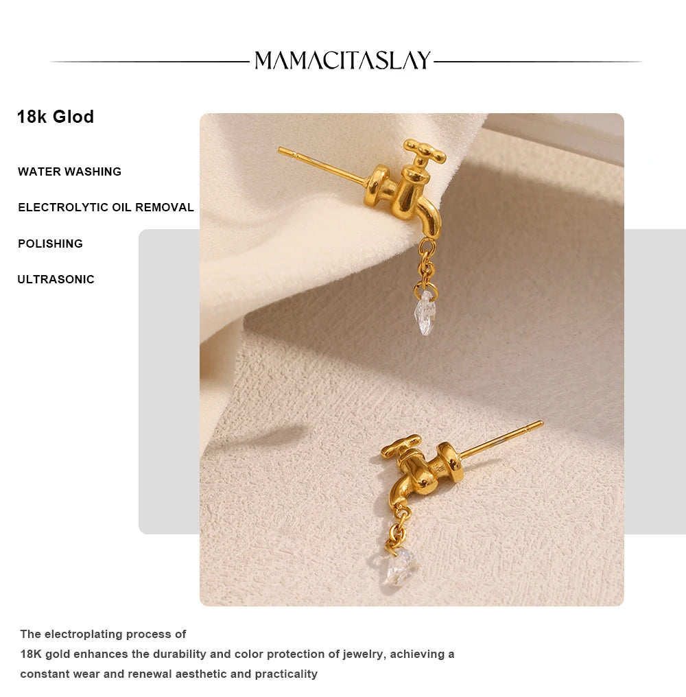 MamacitaSlay 316L Stainless Steel Unique Faucet Water Drop Zircon Earrings 18K Gold Plated Creative Waterproof Jewelry For Women