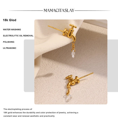MamacitaSlay 316L Stainless Steel Unique Faucet Water Drop Zircon Earrings 18K Gold Plated Creative Waterproof Jewelry For Women