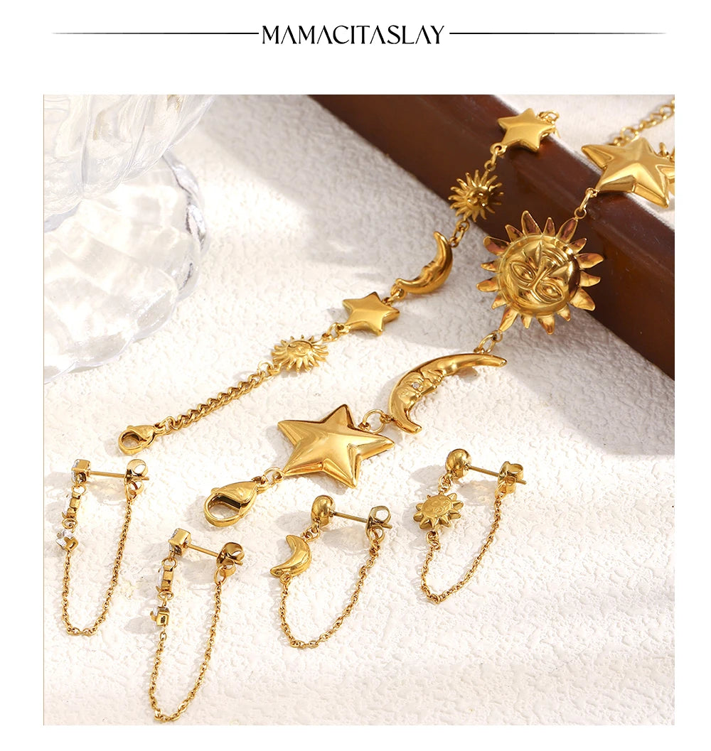 MamacitaSlay 316L Stainless Steel Sun Moon Star Bracelet Earrings Waterproof 18K Gold Plated Jewelry Creative Accessories Gift
