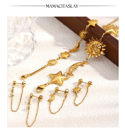 MamacitaSlay 316L Stainless Steel Sun Moon Star Bracelet Earrings Waterproof 18K Gold Plated Jewelry Creative Accessories Gift