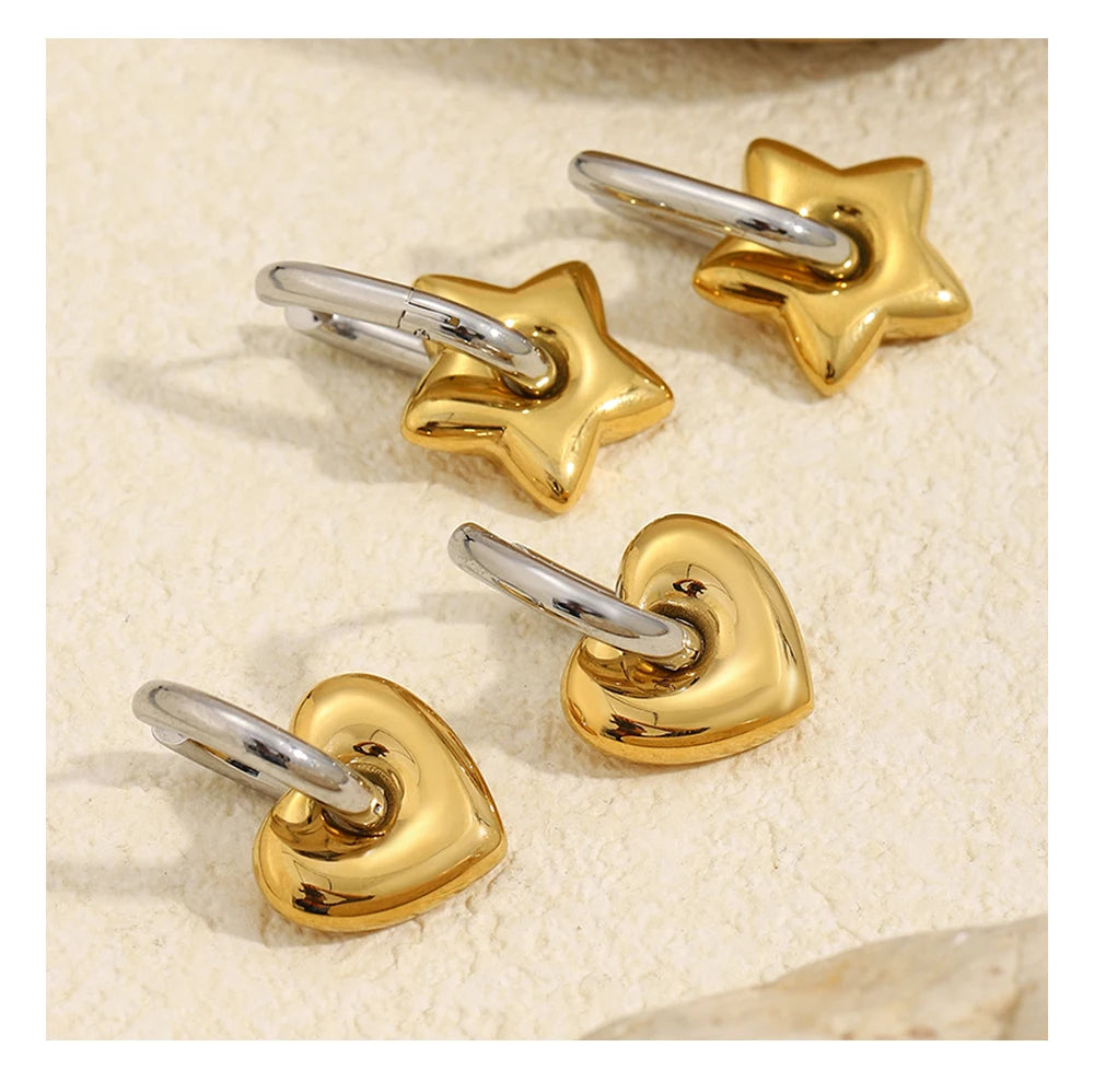 Mamacitaslay Mixed Color Star Heart Charm Hoop Earrings 316L Stainless Steel Waterproof Jewelry For Women Party Everyday Wear