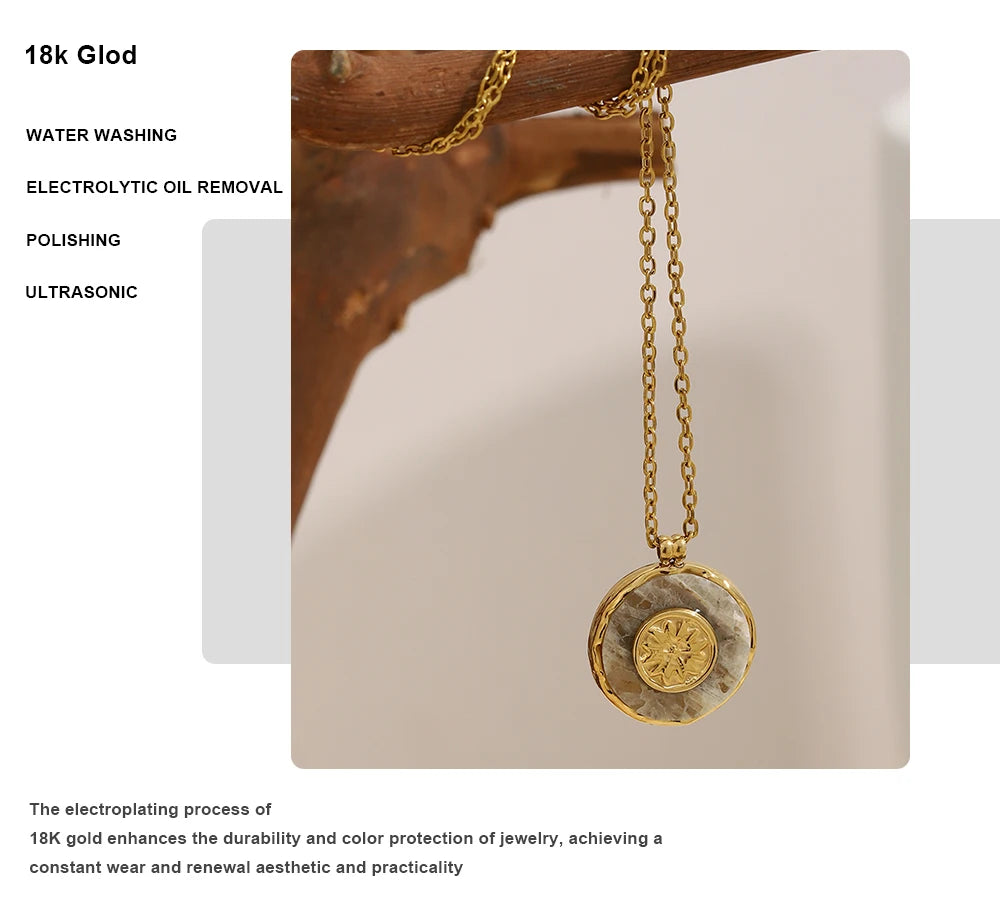 MamacitaSlay 316L Stainless Steel Marble Round Sun Necklace 18K Gold Plated Waterproof Jewelry Women's Minimalist Retro Necklace