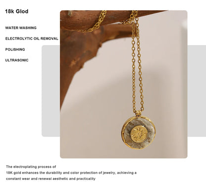 MamacitaSlay 316L Stainless Steel Marble Round Sun Necklace 18K Gold Plated Waterproof Jewelry Women's Minimalist Retro Necklace