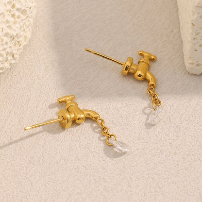 MamacitaSlay 316L Stainless Steel Unique Faucet Water Drop Zircon Earrings 18K Gold Plated Creative Waterproof Jewelry For Women
