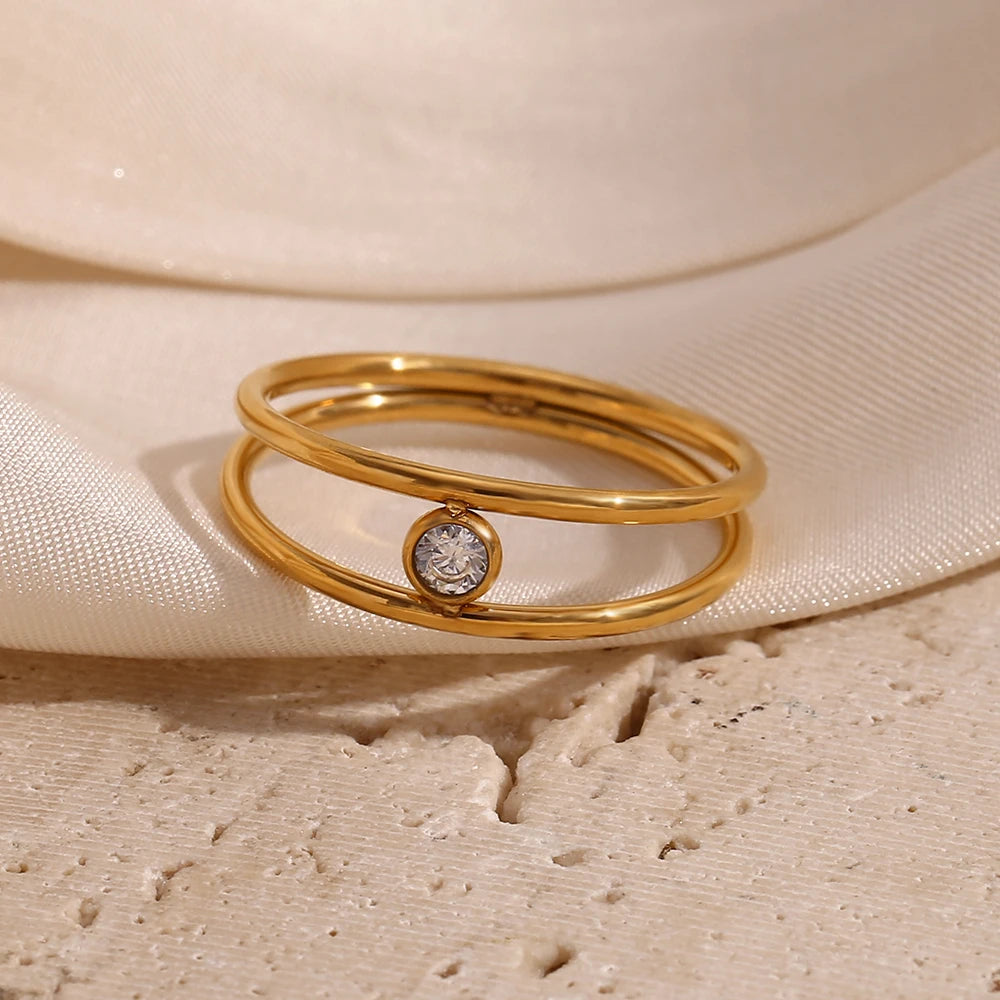 MamacitaSlay Minimalist Double Layer Round Zircon Ring 2025 Party Waterproof 18K Gold Plated Jewelry Women's Elegant Ring Gift