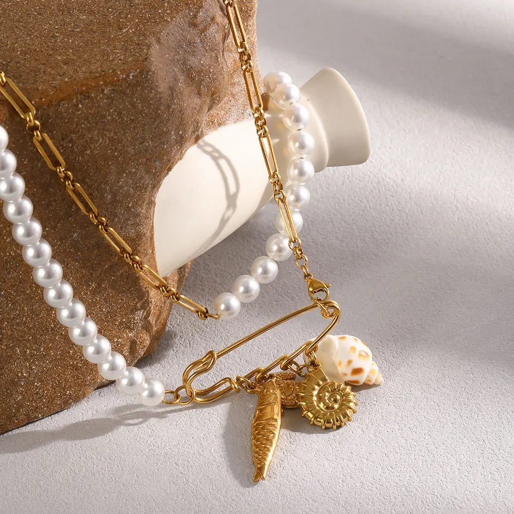 MamacitaSlay 316L Stainless Steel Pearl Paperclip Conch Shell Necklace 18K Gold Plated Waterproof Vacation Jewelry For Women