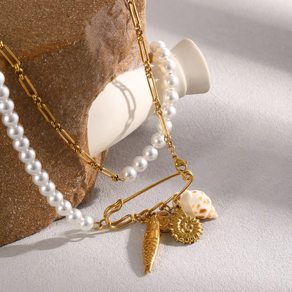 MamacitaSlay 316L Stainless Steel Pearl Paperclip Conch Shell Necklace 18K Gold Plated Waterproof Vacation Jewelry For Women