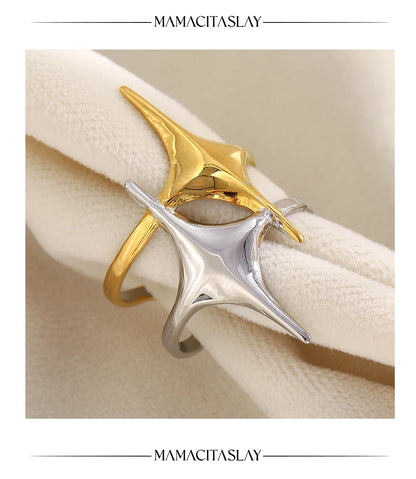 MamacitaSlay 316L Stainless Steel Mixed Color Double Star Open Ring Women's Party Waterproof 18K Gold Plated Ring Unique Ring