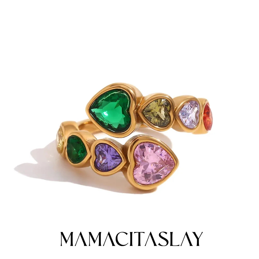 MamacitaSlay 316L Stainless Steel Zircon Heart Opening Ring 2025 Party Waterproof 18K Gold Plated Jewelry Women's Elegant Gift