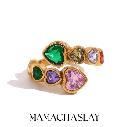 MamacitaSlay 316L Stainless Steel Zircon Heart Opening Ring 2025 Party Waterproof 18K Gold Plated Jewelry Women's Elegant Gift
