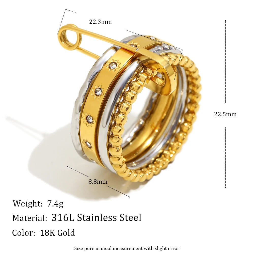 MamacitaSlay 316L Stainless Steel Zircon Mixed Color Multilayer Paperclip Ring Party Waterproof Jewelry Women's Unique Ring Gift