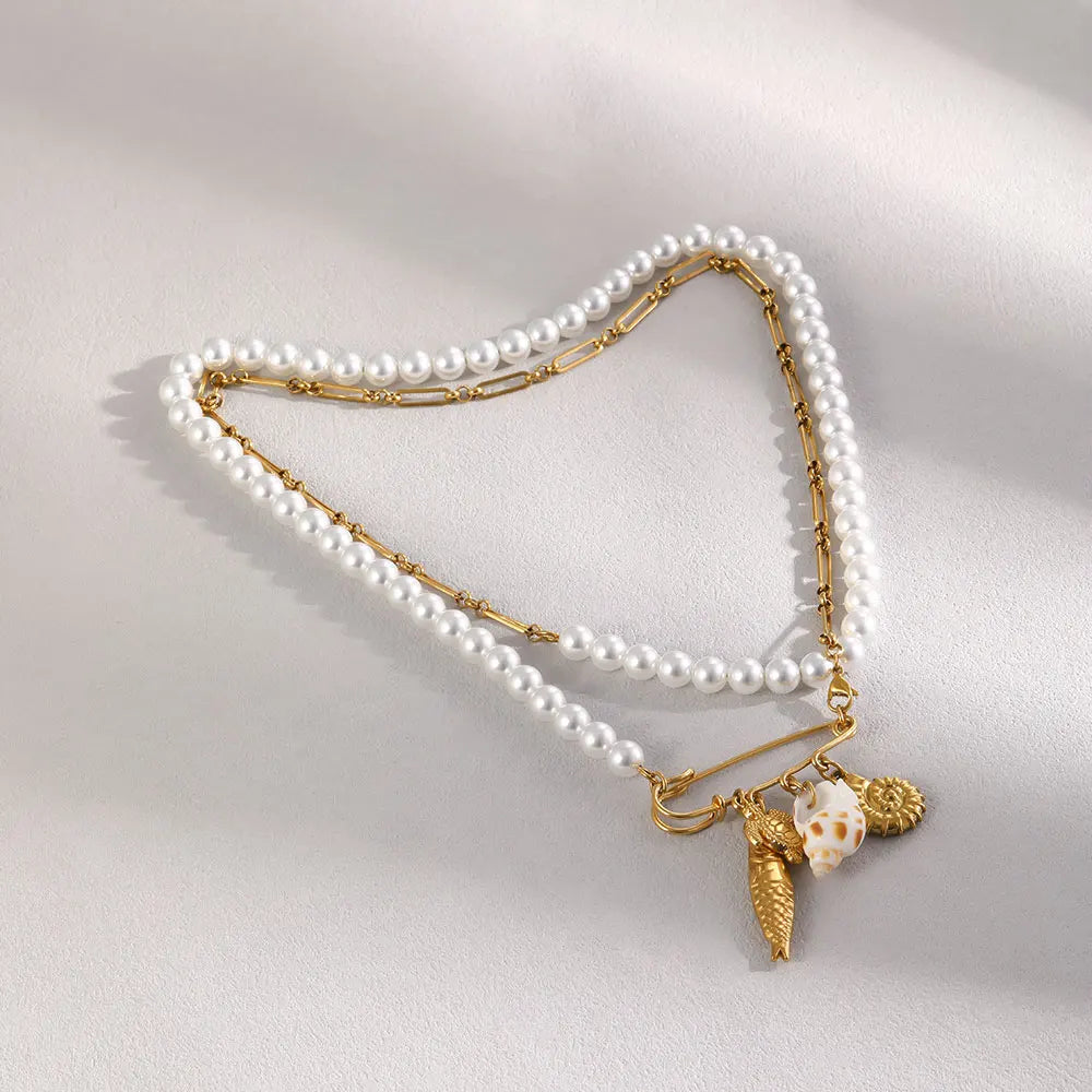 MamacitaSlay 316L Stainless Steel Pearl Paperclip Conch Shell Necklace 18K Gold Plated Waterproof Vacation Jewelry For Women