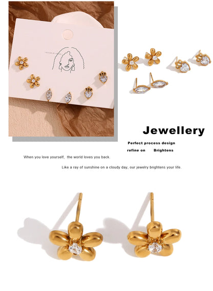 MamacitaSlay Delicate Zircon Flower Crown Horse Eye Stainless Steel Earrings Mini 18K Gold Plated Stud Earrings Fashion Jewelry