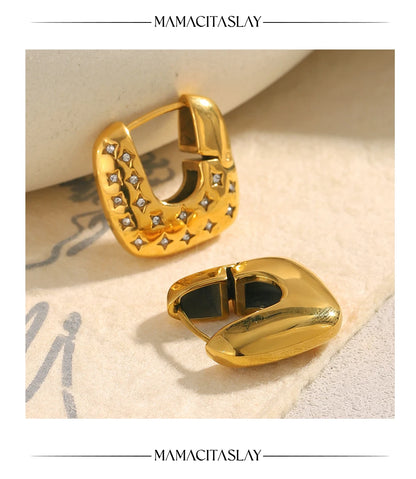 MamacitaSlay 316L Stainless Steel Zircon Star Square Hoop Earrings 18K Gold Plated Waterproof Jewelry For Women Gift Daily Wear
