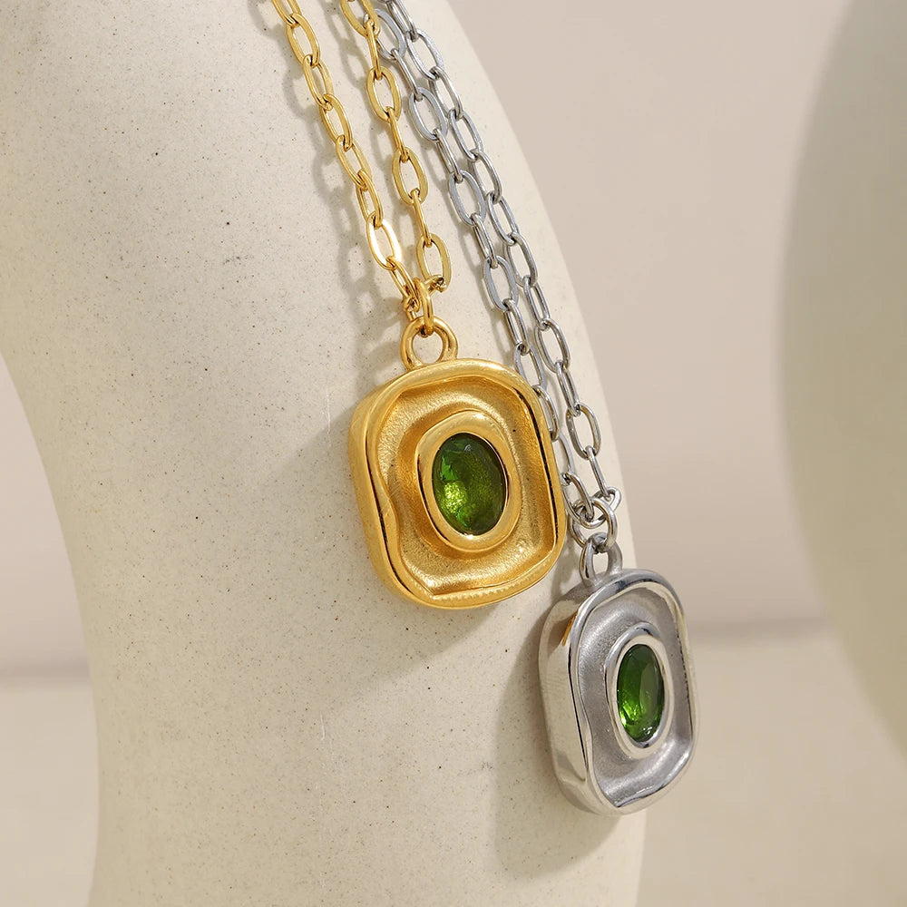 MamacitaSlay Retro Irregular Pendant Round Green Zircon Paper Clip Chain Women's Necklace Trendy Women's Stainless Steel Jewelry