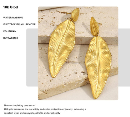 MamacitaSlay 316L Stainless Steel Double Leaf Dangle Earrings 18K Gold Plated Waterproof Jewelry For Women Statement Earrings