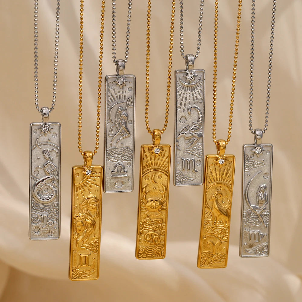 MamacitaSlay 316L Stainless Steel Zodiac Sign Rectangle Pendant Necklace 18K Gold Plated Waterproof Jewelry For Women Daily Wear