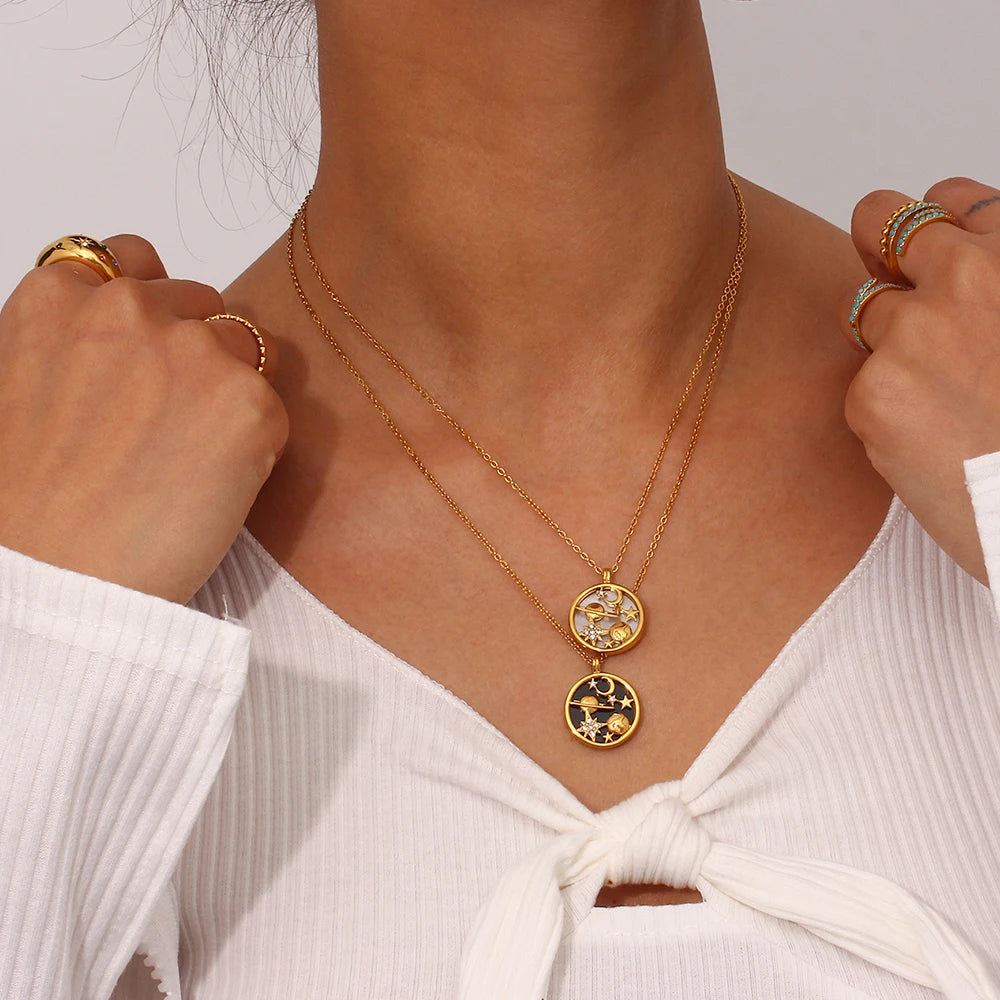 MamacitaSlay 316L Stainless Steel Shell Zircon Celestial Necklace Waterproof 18K Gold Plated Neck Jewelry Elegant Necklace Gifts
