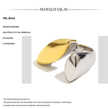 MamacitaSlay 316L Stainless Steel Two Tone Willow Asymmetrical Opening Ring Party Waterproof Jewelry Women's Unique Cool Ring