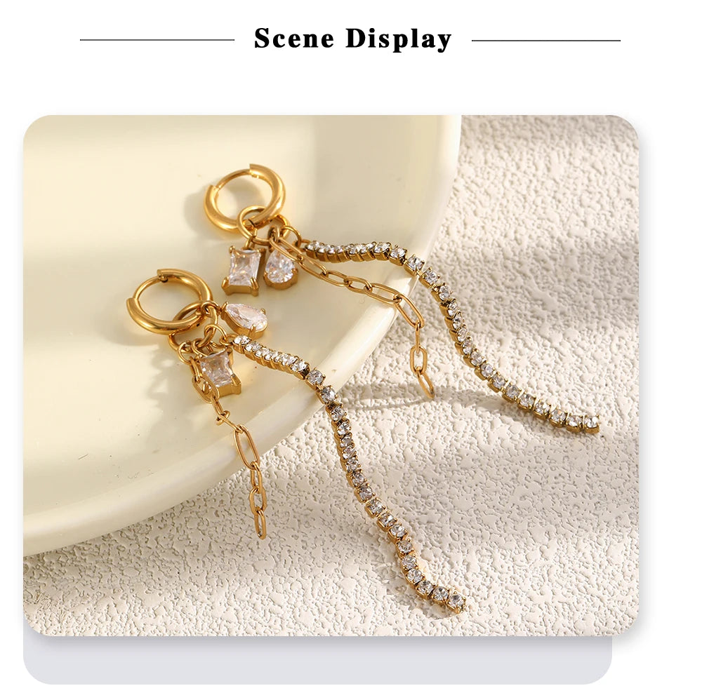 MamacitaSlay 316L Stainless Steel Mixed Chain Zircon Tassel Hoop Earrings 18K Gold Plated Waterproof Statement Jewelry For Women
