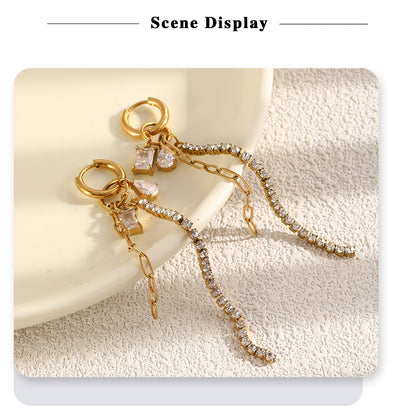 MamacitaSlay 316L Stainless Steel Mixed Chain Zircon Tassel Hoop Earrings 18K Gold Plated Waterproof Statement Jewelry For Women