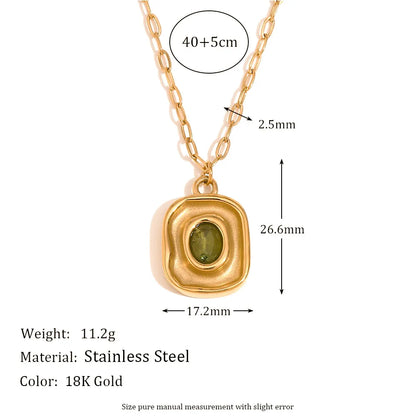 MamacitaSlay Retro Irregular Pendant Round Green Zircon Paper Clip Chain Women's Necklace Trendy Women's Stainless Steel Jewelry