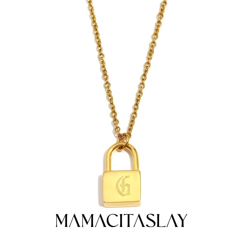MamacitaSlay 316L Stainless Steel Ancient Letters Engaged Lock Pendant Necklace 18K Gold Plated Waterproof Neck Jewelry Gift