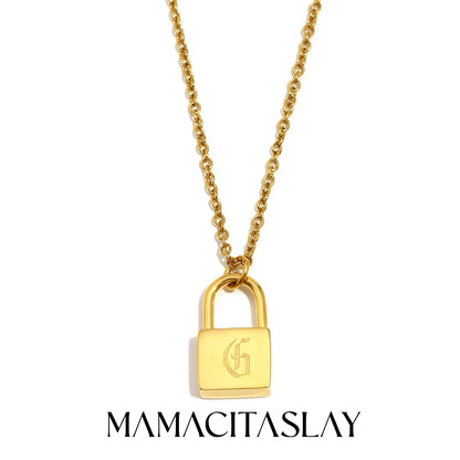 MamacitaSlay 316L Stainless Steel Ancient Letters Engaged Lock Pendant Necklace 18K Gold Plated Waterproof Neck Jewelry Gift