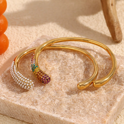 MamacitaSlay Stylish Imitation Pearl Color Water Droplets Snake Head Cuff Bracelets gold plated stainless steel jewelry women