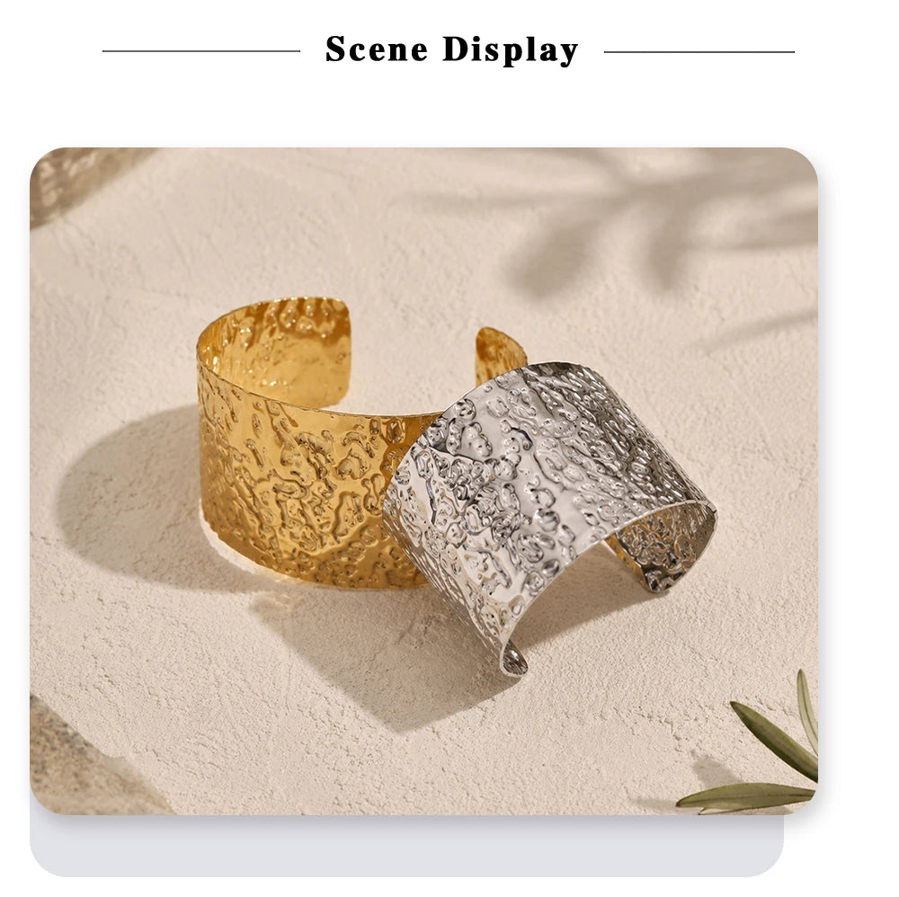 MamacitaSlay 316L Stainless Steel Hammered Wide Open Cuff Bangle 18K Gold Plated Waterproof Jewelry For Women Bracele Party Gift