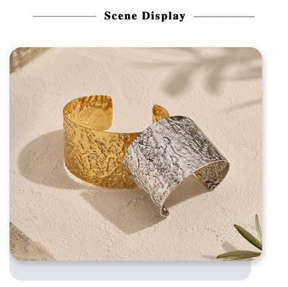 MamacitaSlay 316L Stainless Steel Hammered Wide Open Cuff Bangle 18K Gold Plated Waterproof Jewelry For Women Bracele Party Gift