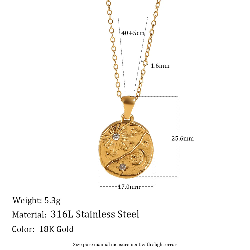 MamacitaSlay 316L Stainless Steel Zircon Celestial Sun Moon Star Pendant Necklace 18K Gold Plated Waterproof Jewelry For Women