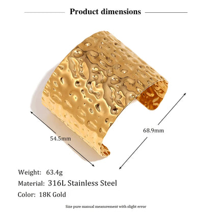 MamacitaSlay 316L Stainless Steel Hammered Wide Open Cuff Bangle 18K Gold Plated Waterproof Jewelry For Women Bracele Party Gift