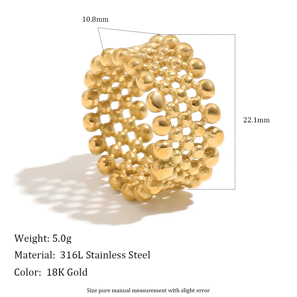 MamacitaPlay 316L Stainless Steel Mesh Hollow Out Ball Ring 18K Gold Plated Waterproof Jewelry For Women Trend Everyday Wear