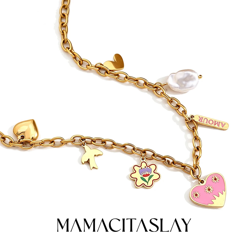 MamacitaSlay 316L Stainless Steel Baroque Pearl Enamel Heart Necklace 18K Gold Plated Waterproof Hawaiian Jewelry For Women Gift